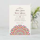 Moderne farbenfrohe Boho Ethnic Floral Mandala Wed Einladung (Stehend Vorderseite)