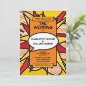 Moderne farbenfrohe Comic-Hochzeit Einladung (Stehend Vorderseite)