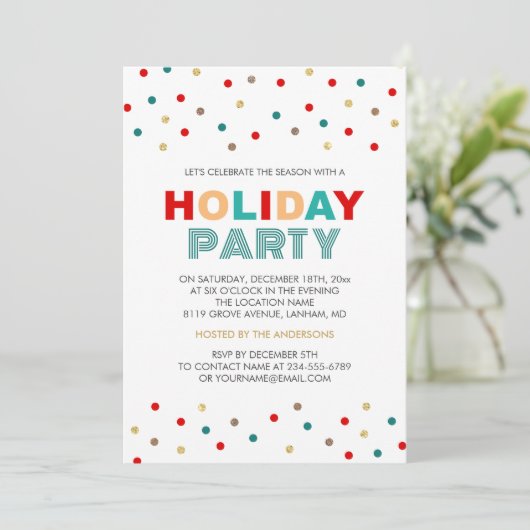 Moderne farbenfrohe Confetti Dots Holiday Party Einladung (Stehend Vorderseite)