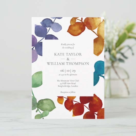 Moderne farbenfrohe Eukalyptus-Blätter Blumenzehen Einladung (Stehend Vorderseite)