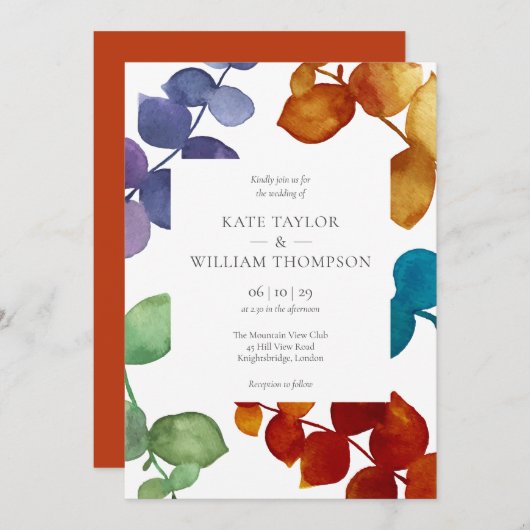 Moderne farbenfrohe Eukalyptus-Blätter Blumenzehen Einladung (Vorne/Hinten)