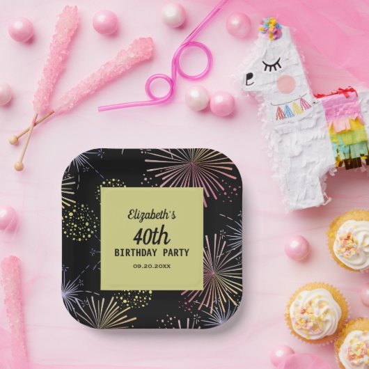Moderne farbenfrohe Feuerwerke Goldenes Schwarzes Pappteller (Party)
