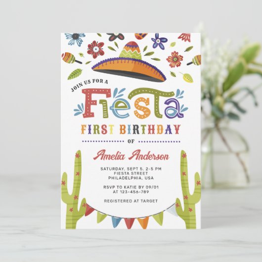 Moderne farbenfrohe Fiesta Mexican First Birthday Einladung (Stehend Vorderseite)