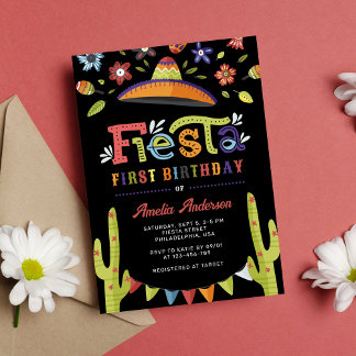 Moderne farbenfrohe Fiesta mexikanische Schwarz 1. Einladung