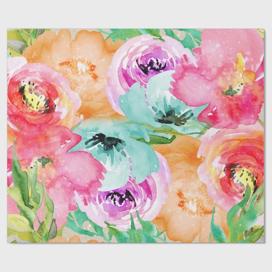 Moderne, farbenfrohe Flora Wasserfarben Chic Geschenkpapier (Flach)
