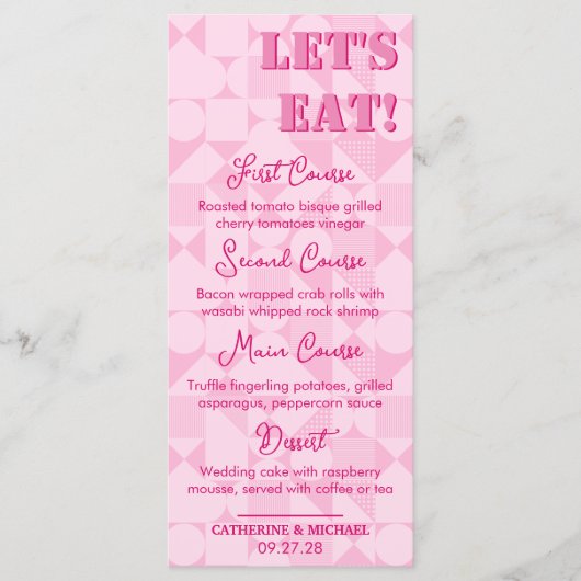 Moderne farbenfrohe Fuchsia Pink Geometric Wedding Menükarte (Vorderseite)
