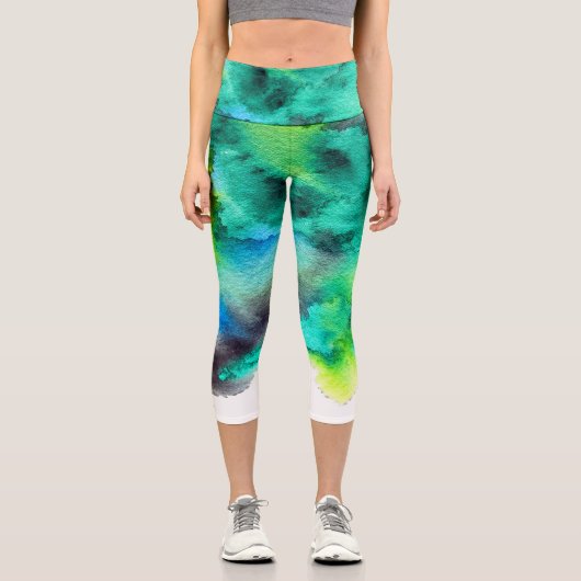 Moderne farbenfrohe gefärbte Krawatte blau grün fa Capri Leggings (Vorderseite)