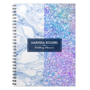 Moderne farbenfrohe Glitter Weiß & Blau Marmor Notizblock