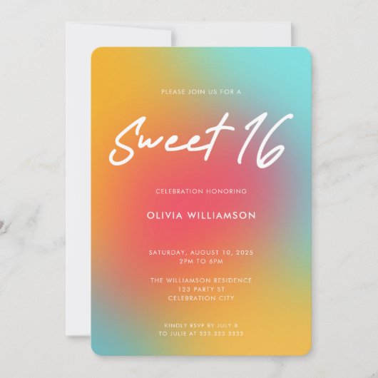 Moderne farbenfrohe Gradient Script Sweet 16 Birth Einladung (Vorderseite)