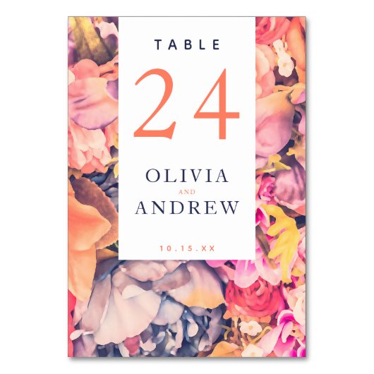 Moderne farbenfrohe, große blumengeschmückte Hochz Tischnummer (Rückseite)