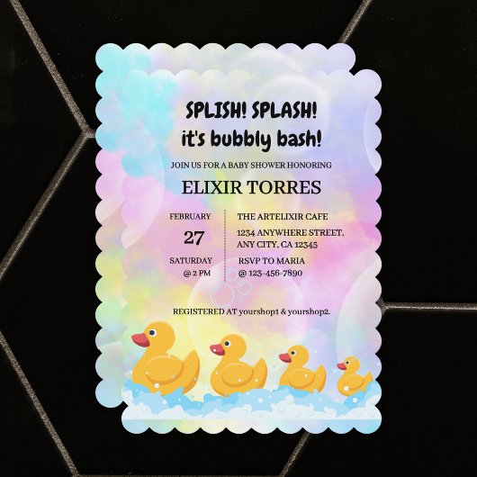 Moderne, farbenfrohe Gummi Duckies Babydusche Einladung