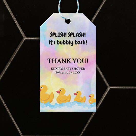 Moderne, farbenfrohe Gummi Duckies Babydusche Geschenkanhänger