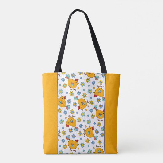 Moderne, farbenfrohe Hähnchen und Blume Doodle Tasche (Rückseite)