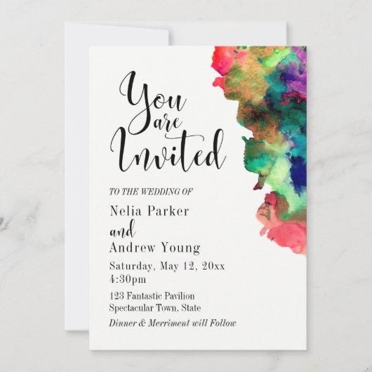 Moderne, farbenfrohe Hochzeit Einladung (Vorderseite)