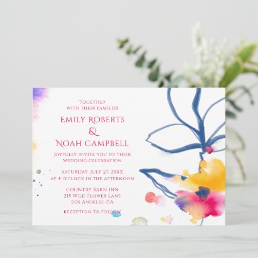 Moderne farbenfrohe Hochzeit mit floralen Wasserfa Einladung (Stehend Vorderseite)
