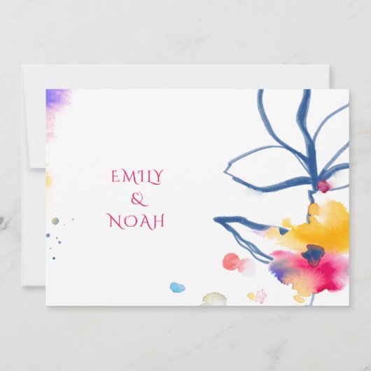 Moderne farbenfrohe Hochzeit mit floralen Wasserfa Einladung (Rückseite)