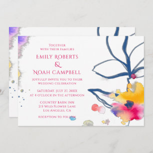 Moderne farbenfrohe Hochzeit mit floralen Wasserfa Einladung