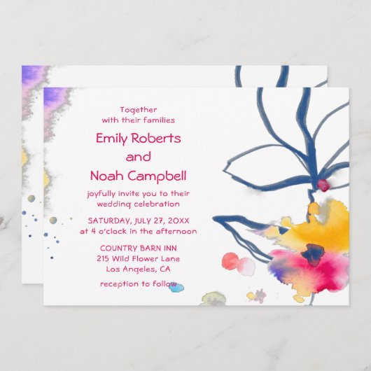 Moderne farbenfrohe Hochzeit mit floralen Wasserfa Einladung (Vorne/Hinten)