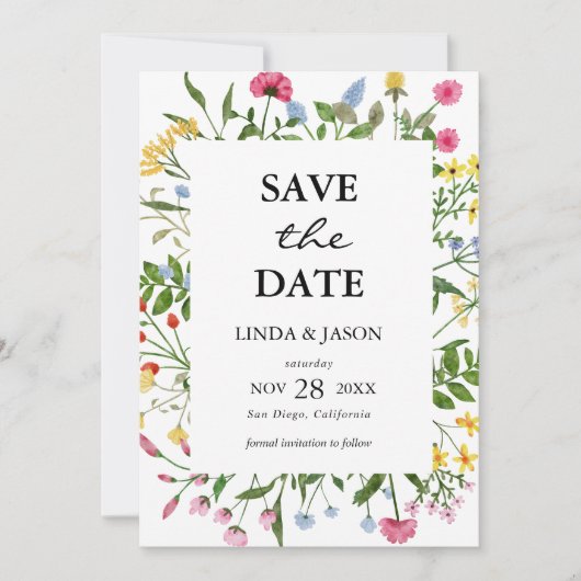 Moderne farbenfrohe Hochzeit rettet das Datum Einladung (Vorderseite)