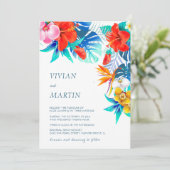 Moderne farbenfrohe Hochzeitsfeier mit tropischem  Einladung (Stehend Vorderseite)
