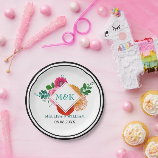 Moderne farbenfrohe Illustration über Hochzeitssze Pappteller (Party)