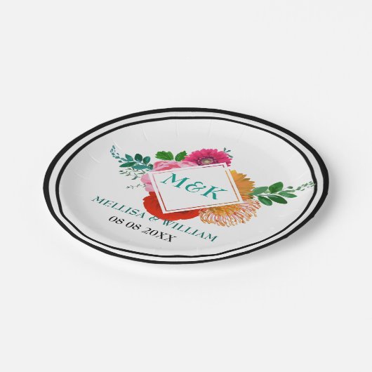 Moderne farbenfrohe Illustration über Hochzeitssze Pappteller (Schrägansicht)