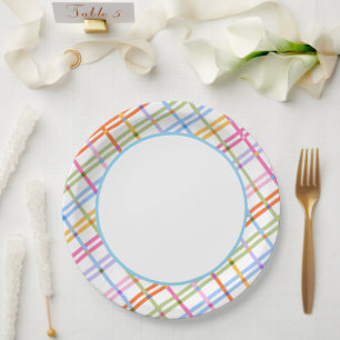 Moderne farbenfrohe Karo-Baby-Shower-Them blau Pappteller