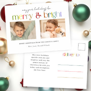 Moderne farbenfrohe Merry & Bright Typografie 2-Fo Feiertagspostkarte