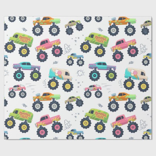 Moderne, farbenfrohe Monster Car Trucks Geschenkpapier (Flach)