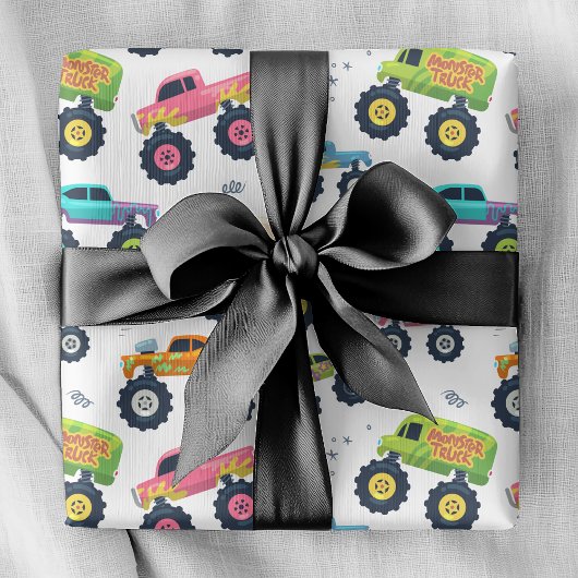 Moderne, farbenfrohe Monster Car Trucks Geschenkpapier