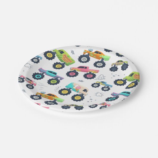 Moderne, farbenfrohe Monster Car Trucks Pappteller (Schrägansicht)