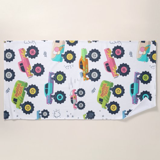 Moderne, farbenfrohe Monster Car Trucks Strandtuch (Vorderseite)