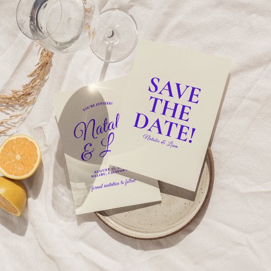 Moderne farbenfrohe, muffige Retro-Hochzeit Save The Date
