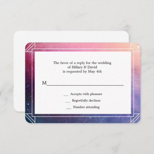 Moderne farbenfrohe Nebula Wedding Rsvp Card (Vorne/Hinten)