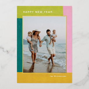 Moderne farbenfrohe Neujahrsfamilienfotos in Gold Folien Feiertagskarte