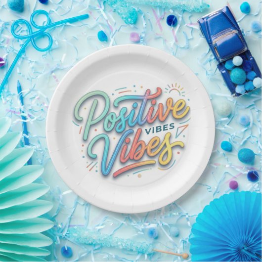 Moderne farbenfrohe positive Vibes-Typografie-Kuns Pappteller (Party)