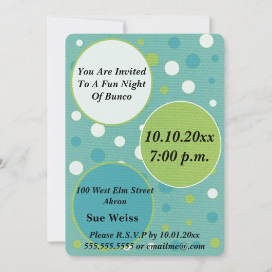 Moderne farbenfrohe Punkte Bunco Einladung (Rückseite)