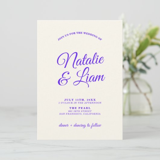 Moderne, farbenfrohe Retro Funky in einer Hochzeit Einladung (Stehend Vorderseite)