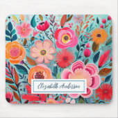 Moderne farbenfrohe rosa Blumen Monogramm Mousepad (Vorne)