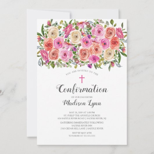 Moderne farbenfrohe rosa Flora und Kreuzbestätigun Einladung (Vorderseite)