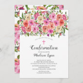 Moderne farbenfrohe rosa Flora und Kreuzbestätigun Einladung (Vorne/Hinten)