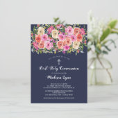 Moderne farbenfrohe rosa florale Erste Heilige Kom Einladung (Stehend Vorderseite)