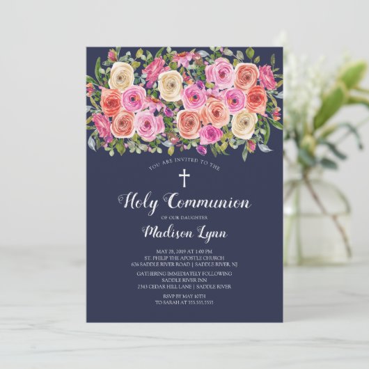 Moderne farbenfrohe rosa florale Erste Heilige Kom Einladung (Stehend Vorderseite)