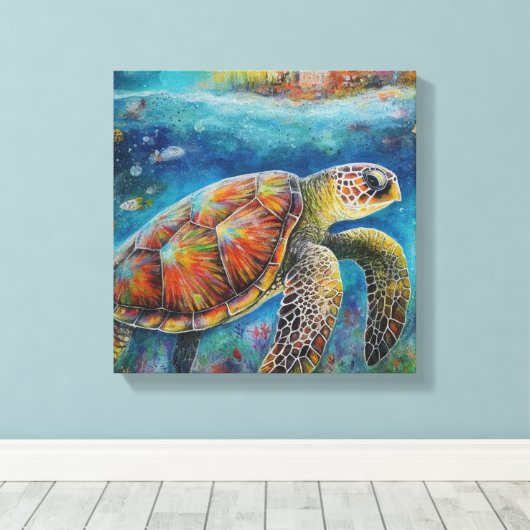 Moderne, farbenfrohe Schildkröte Kunst Leinwanddruck (Insitu (Holzboden))