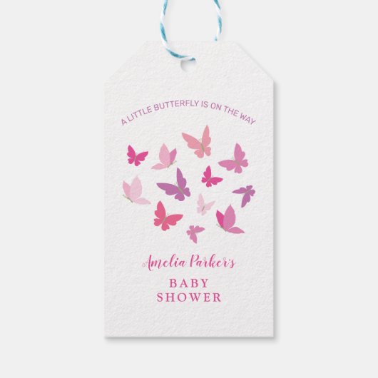 Moderne farbenfrohe Schmetterlinge Babydusche Geschenkanhänger (Rückseite)