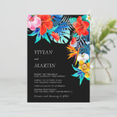 Moderne farbenfrohe Schwarze Tropenblumenhochzeit Einladung (Stehend Vorderseite)