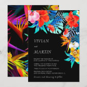 Moderne farbenfrohe Schwarze Tropenblumenhochzeit Einladung (Vorne/Hinten)