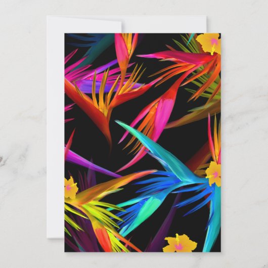Moderne farbenfrohe Schwarze Tropenblumenhochzeit Einladung (Rückseite)