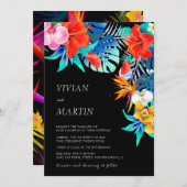 Moderne farbenfrohe Schwarze Tropenblumenhochzeit Einladung (Vorne/Hinten)