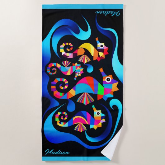 Moderne, farbenfrohe Seepferde individuell anpassb Strandtuch (Vorderseite)